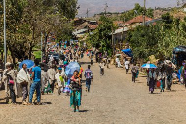 LALIBELA, ETHIOPIA - MARCH 30, 2019: Crowded street in the center of Lalibela, Ethiopia
