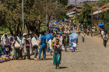LALIBELA, ETHIOPIA - MARCH 30, 2019: Crowded street in the center of Lalibela, Ethiopia