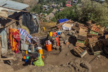 LALIBELA, ETHIOPIA - MARCH 29, 2019: Local women doing laundry in Lalibela village, Ethiopia