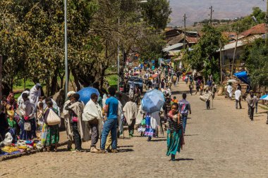 LALIBELA, ETHIOPIA - MARCH 30, 2019: Crowded street in the center of Lalibela, Ethiopia