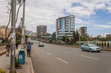 ADDIS ABABA, ETHIOPIA - APRIL 5, 2019: Road in the Bole nighborhood in Addis Ababa, Ethiopia