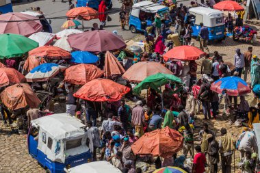 HARAR, ETHIOPIA - APRIL 8, 2019: Aerial view of a market in Harar, Ethiopia