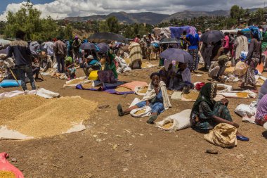 LALIBELA, ETHIOPIA - MARCH 30, 2019: Grains seller at the Saturday market in Lalibela, Ethiopia