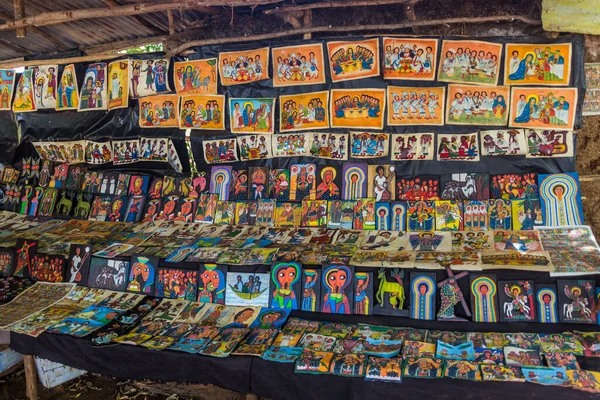 Tana Ethiopia April 2019 Religious Paintings Sale Souvenir Stalls Zege — Photo