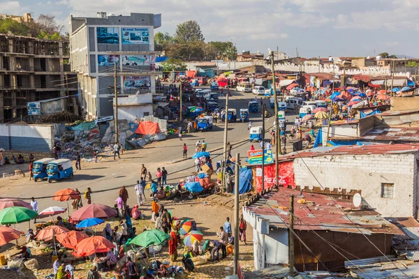 HARAR, ETHIOPIA - APRIL 7, 2019: Aerial view of road traffic and a market in Harar, Ethiopia