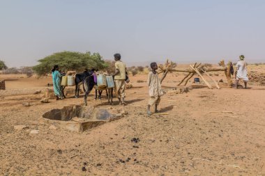 Nehir Nil Eyaleti, Sudan - 5 Mart 2019: Sudan 'ın kuru bir bölgesindeki bir kuyuda köylüler.