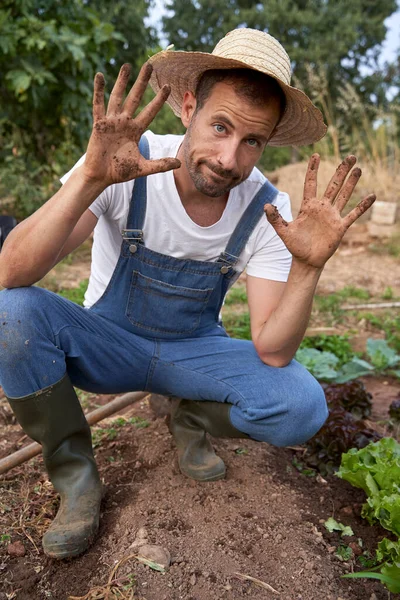 Agricoltore Cappello Mostrando Mani Sporche Mentre Accovacciato Campo Agricolo — Foto Stock