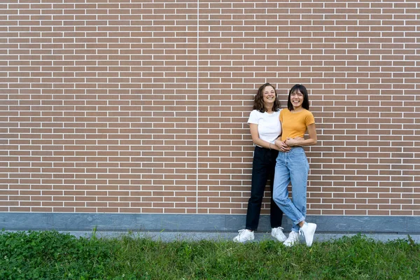 Glad Lesbisk Par Står Framför Tegelvägg — Stockfoto