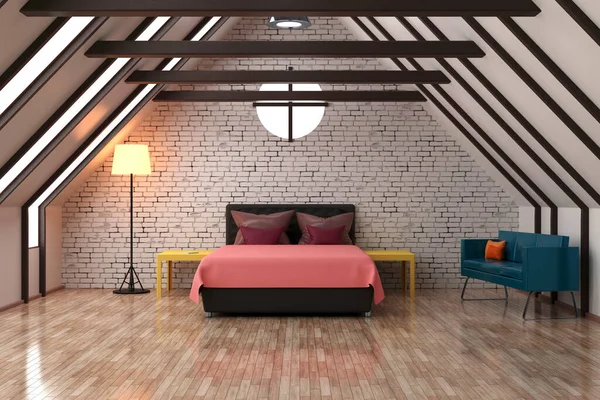 Trójwymiarowy Renderowanie Czystej Sypialni Poddaszu Drewnianą Podłogą — Zdjęcie stockowe