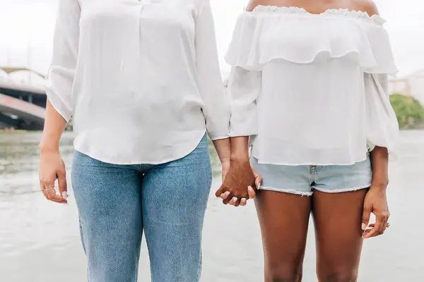 Lesbian Couple Holding Hands While Standing Lakeshore — Stock Photo, Image