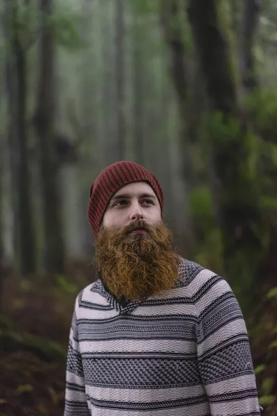 Bearded Man Knit Hat Forest — Stock Photo, Image