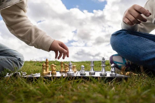 Sestry Hrají Šachy Zatímco Sedí Trávě — Stock fotografie