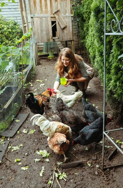 Žena Krmení Kuřata Zahradě — Stock fotografie