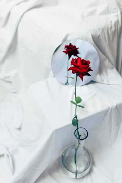 Rosa Vermelha Vaso Flores Refletida Espelho — Fotografia de Stock