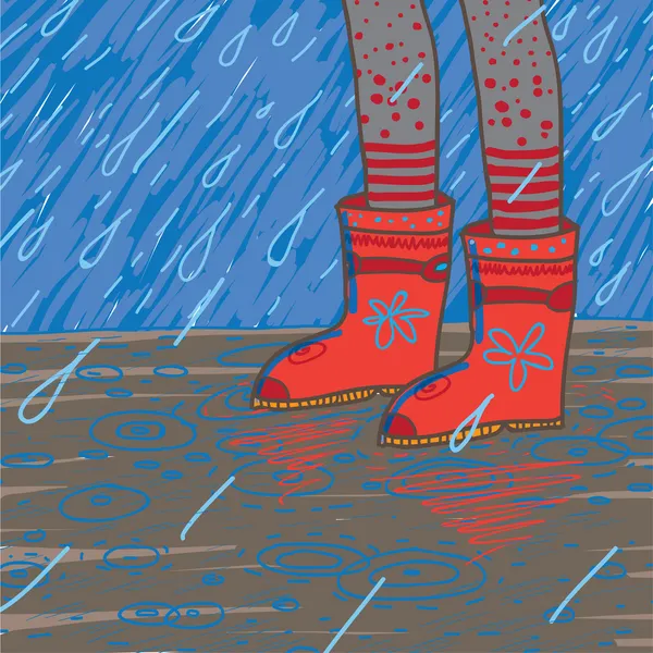 Vector illustration of heavy rain, rubber boots — Stock Vector