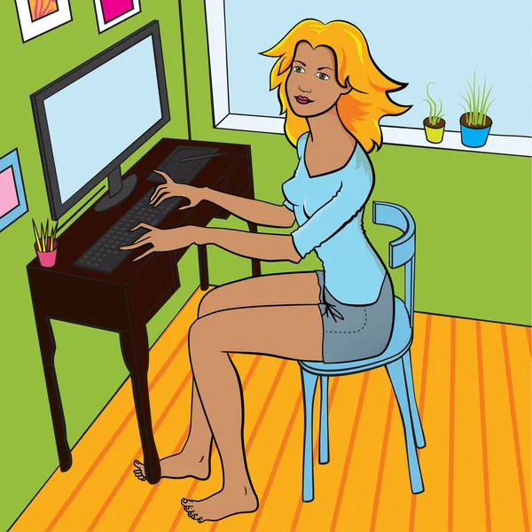 Διάνυσμα νεαρή γυναίκα που κάθεται στο σπίτι και εργάζονται σε έναν υπολογιστή — Διανυσματικό Αρχείο