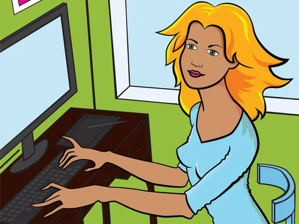 Ilustração vetorial de menina trabalhando em um computador — Vetor de Stock