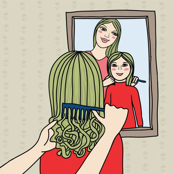 Madre y doughter, hermanas cepillando el cabello — Vector de stock