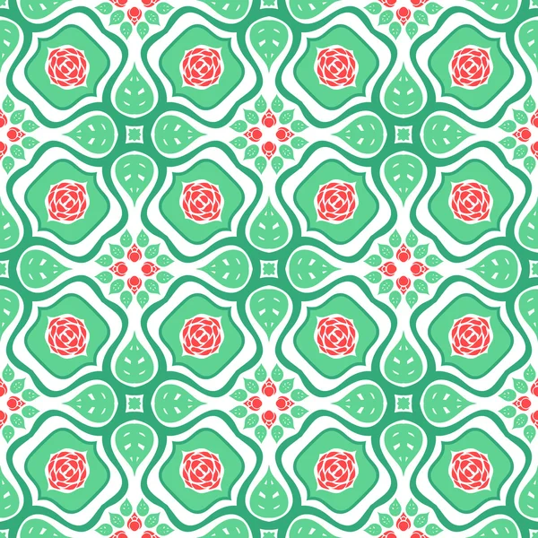 Floral pattern with stylized red roses and leaves — Stock Vector