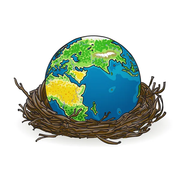 Vector illustration of a small model of earth in a bird's nest — Stock Vector