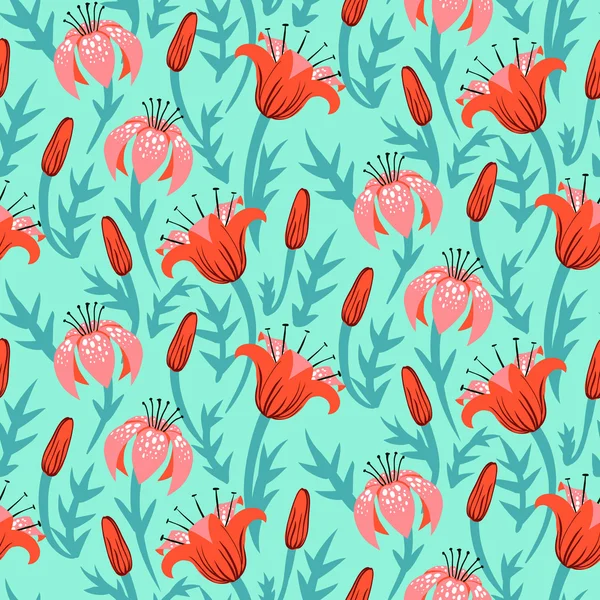 Patrón floral vectorial con tulipanes y lirios — Archivo Imágenes Vectoriales