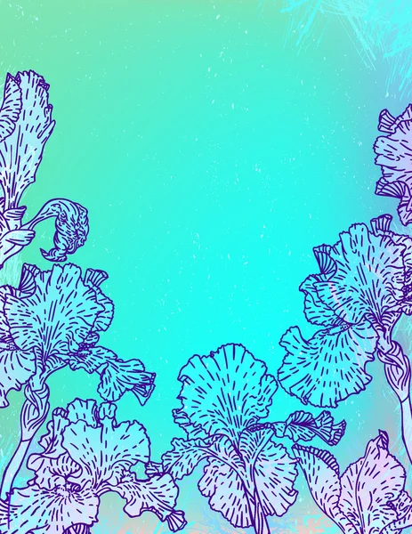 Karte mit Irisblumen auf blauem Aquarell — Stockvektor