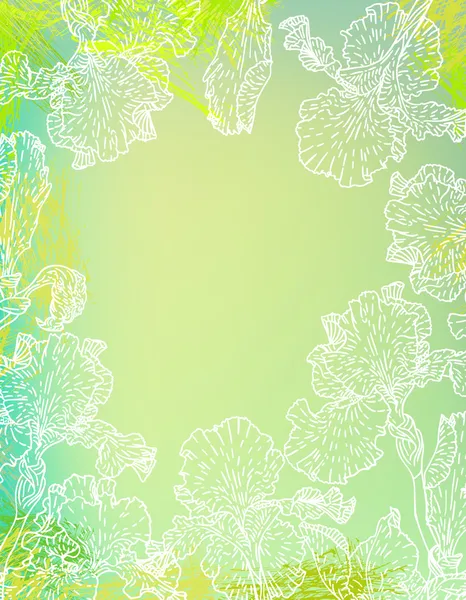 Karte mit Irisblüten auf grünem Aquarell — Stockvektor