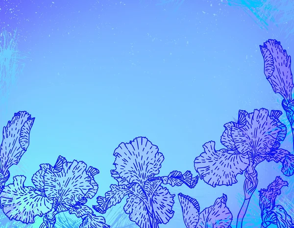 Scheda con fiori di iris su acquerello blu — Vettoriale Stock