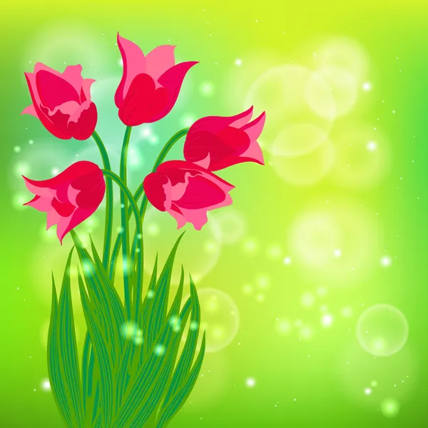 Vector card with red tulips on light green bokeh — Stock Vector
