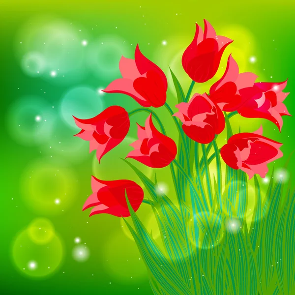 Vector card with red tulips on light green bokeh — Stock Vector