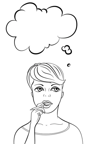 Pensant femme tenant stylo, disposition verticale — Image vectorielle