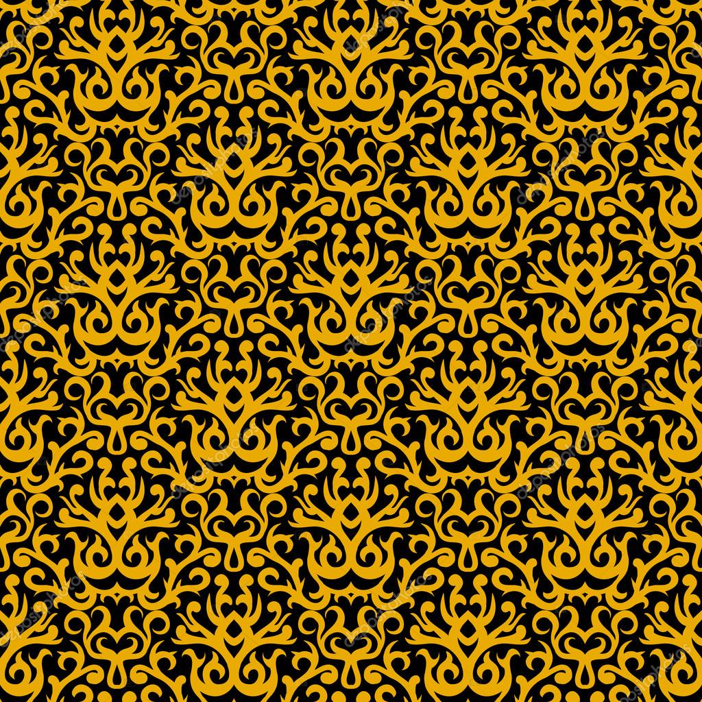 Damask pattern in gold on black — Stock Vector © tukkki 43381399