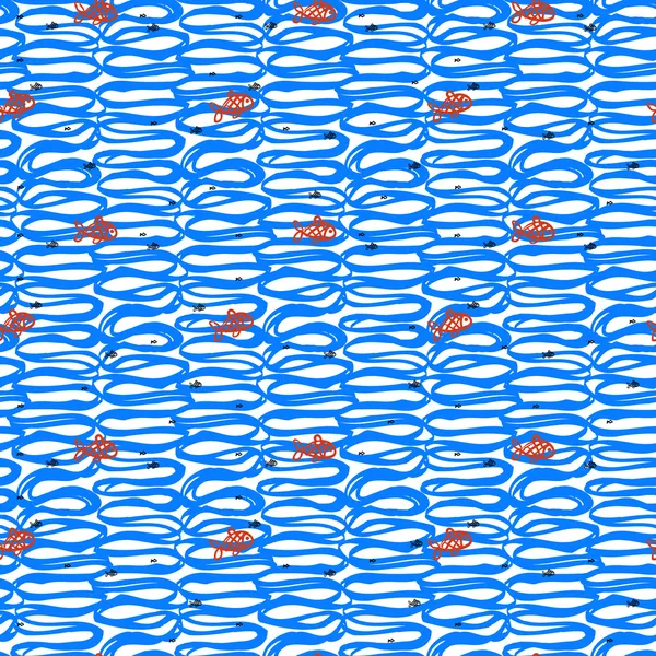 Nautiska mönster med Annikka vågor och fiskar — Stock vektor