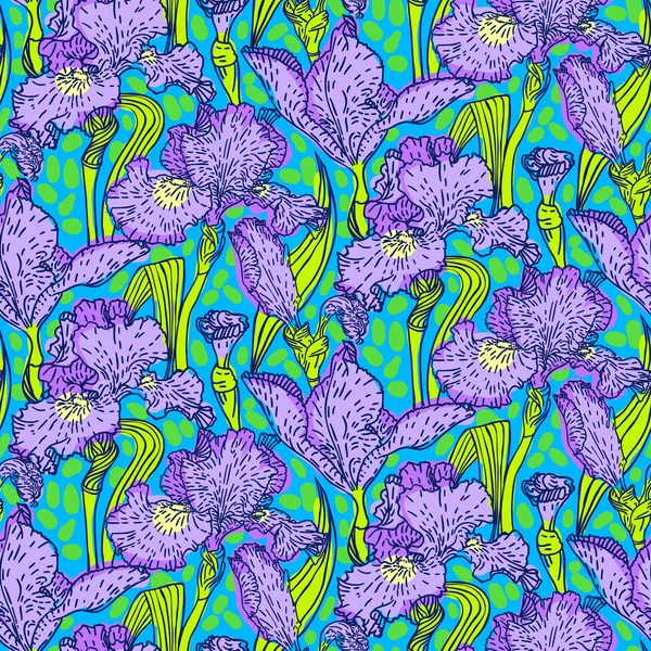 Patrón vectorial vintage con campo de flores de iris — Vector de stock