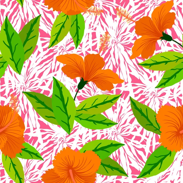 Tropical pattern with orange hibiscus flowers — Stock Vector