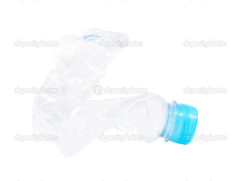 Crumpled plastic blue bottle on white background