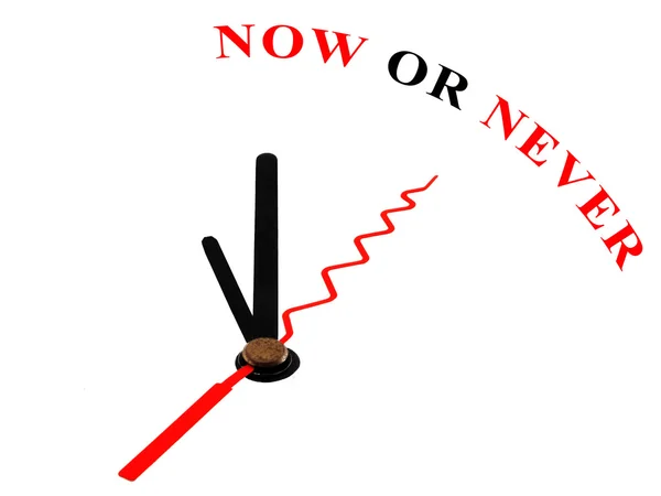 An image of a nice clock with now or never — Stock Photo, Image