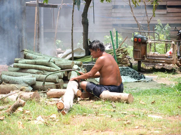 RAYONG, THAILAND - AUGUST 13: Unidentified man cuts woods to make charcoal on August 13, 2012 in Rayong, Thailand. — Stock Photo, Image
