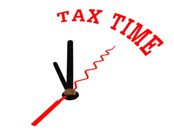 Податковий час концепція годинник крупним планом ізольовані на білому тлі з червоними словами — стокове фото