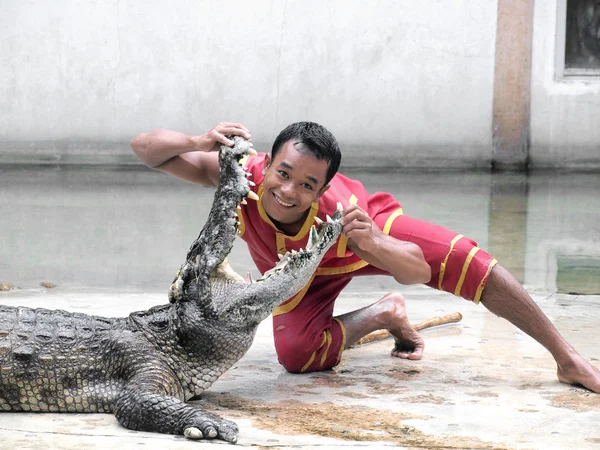 SAMUTPRAKARN, THAILAND-SEPTEMBER 8: show de crocodilo na fazenda de crocodilos em 8 de setembro de 2013 em Samutprakarn, Tailândia. Este show emocionante é muito famoso entre os turistas e tailandeses — Fotografia de Stock