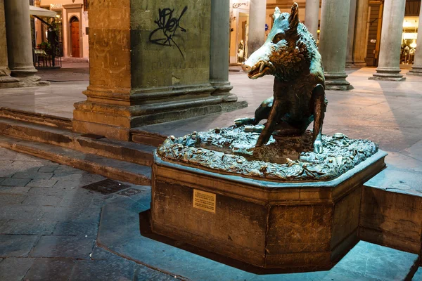 Estatua de jabalí en la Plaza del Nuevo Mercado de Florencia por la noche , —  Fotos de Stock