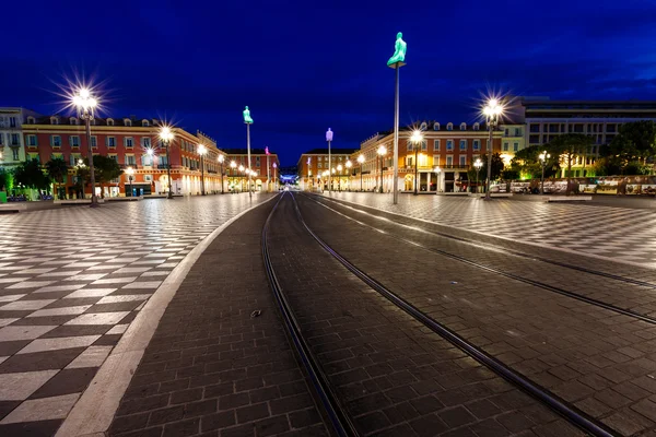 Jalur trem di Place Massena at Morning, Nice, France — Stok Foto