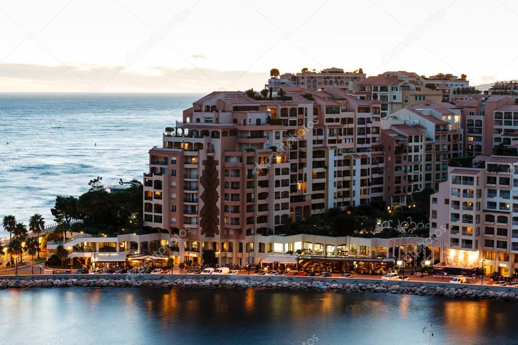 Aerial View on Illuminated Fontvieille and Monaco Harbor, French