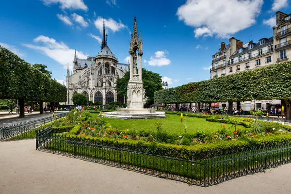 Notre dame de paris zahrada na citovat ostrov, Paříž, Francie — Stock fotografie