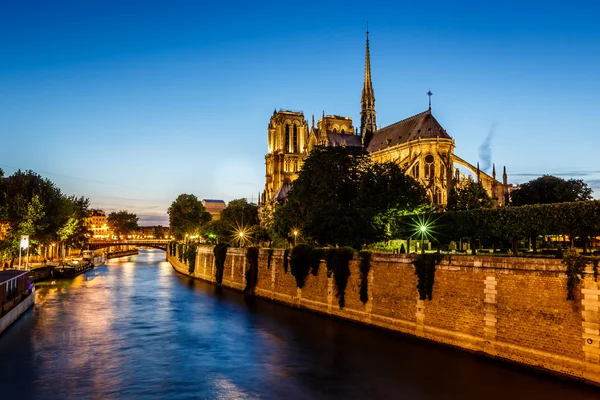 Catedral de Notre Dame de París y río Sena por la noche, Pa Imagen De Stock