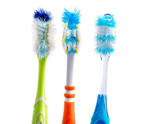Vecchi spazzolini da denti colorati usati — Foto Stock