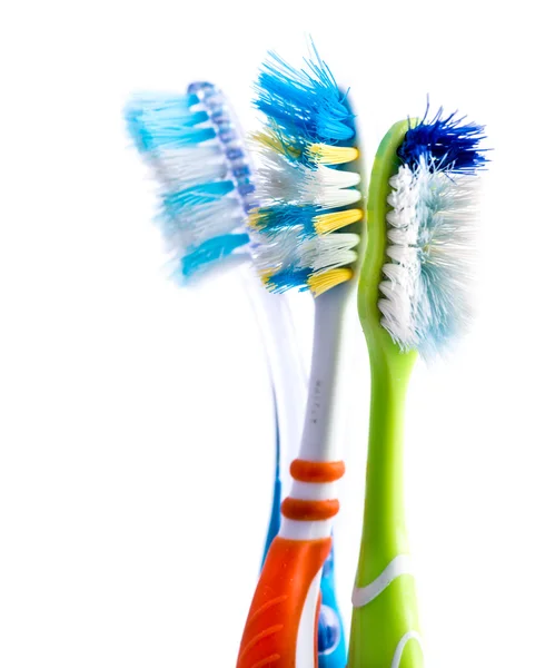 Vecchi spazzolini da denti colorati usati — Foto Stock
