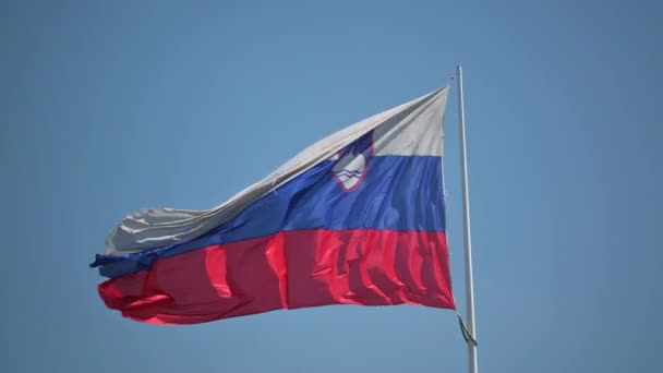 Drapelul Național Slovenia Fluturând Steagul Național Sloven Fundalul Însorit Cerului — Videoclip de stoc