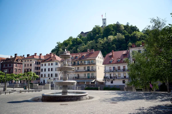 Ljubljana Fontän Och Slott Sloveniens Huvudstad — Stockfoto