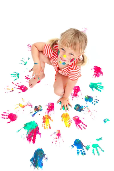 Cute little girl with painted hands. — Stock Photo, Image